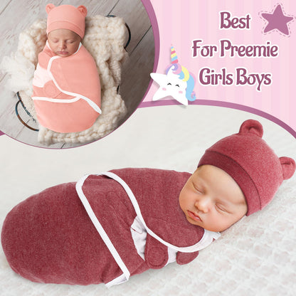 Buryeah 4 Pack Preemie Swaddle Blanket Wrap Set with Hat for Baby Boys Girls 3-7 Lbs Preemie Newborn Clothes Sleepers Cap