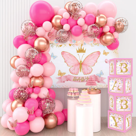 Pink Butterfly Baby Shower Decorations for Girl，Pink Balloon Garland Arch Kit，Pink Butterfly Baby Boxes and Butterfly Backdrop Kit for Baby Shower Butterfly Decorations Birthday Party Decor
