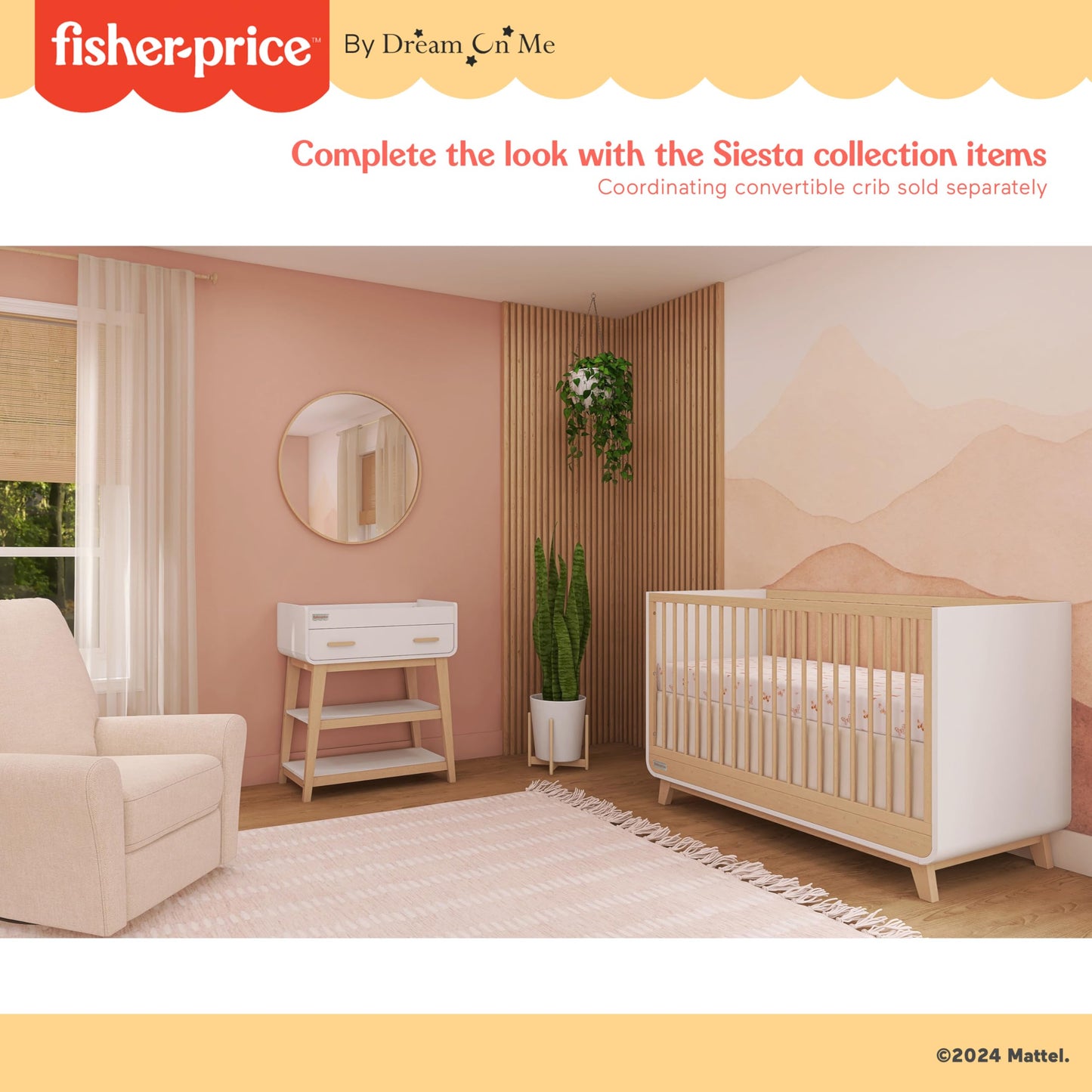 Fisher-Price Iris/Siesta Changing Table by Dream On Me, Blush Pink, JPMA & Greenguard Gold Certified, with a Bottom Closed Drawer and Two Open Shelves for Storage