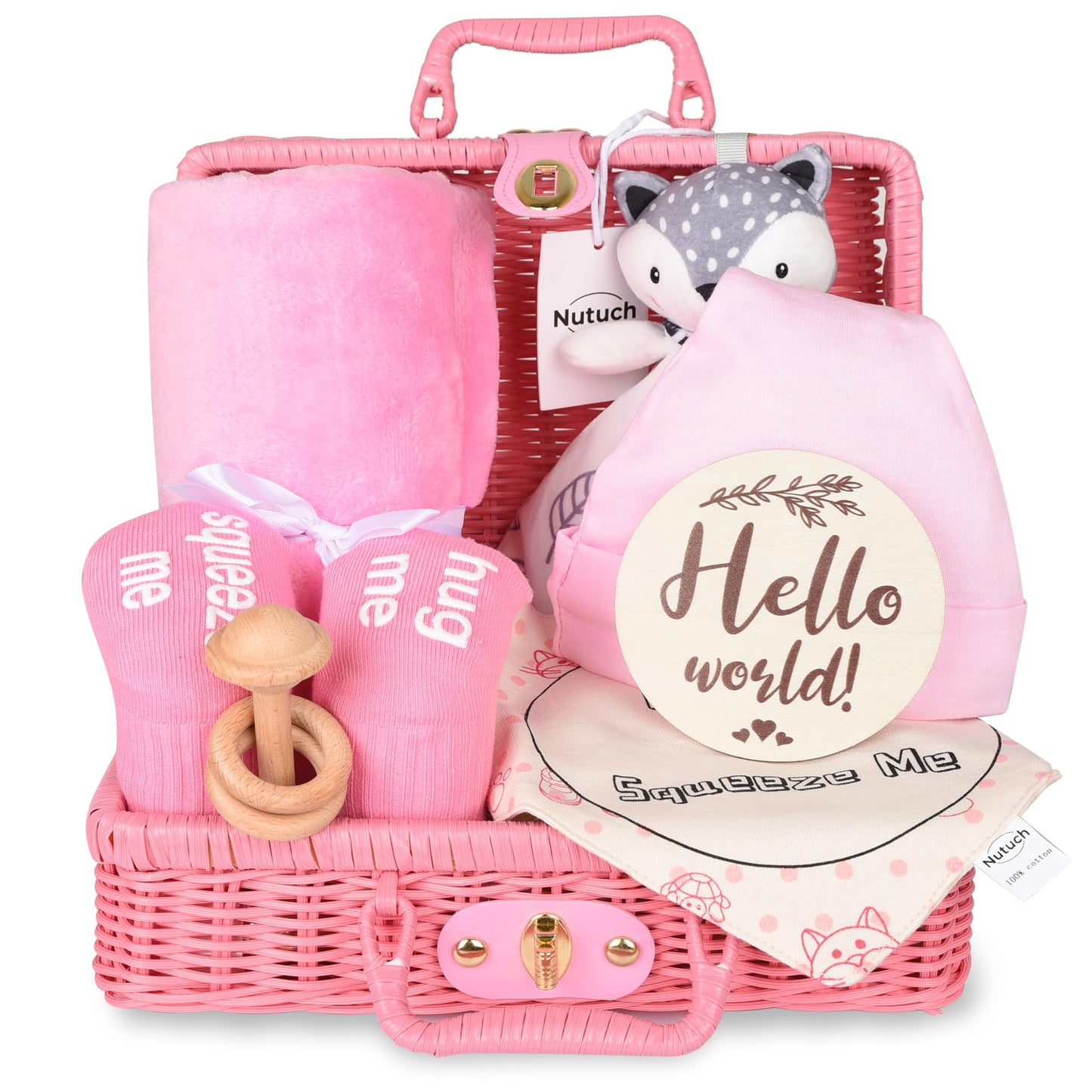Newborn Baby Gift Set | Baby Gift Basket | Newborn Blanket, Wooden Teether, Security Blanket, Cap, Baby Bibs, Socks & Greeting Card (Blue)