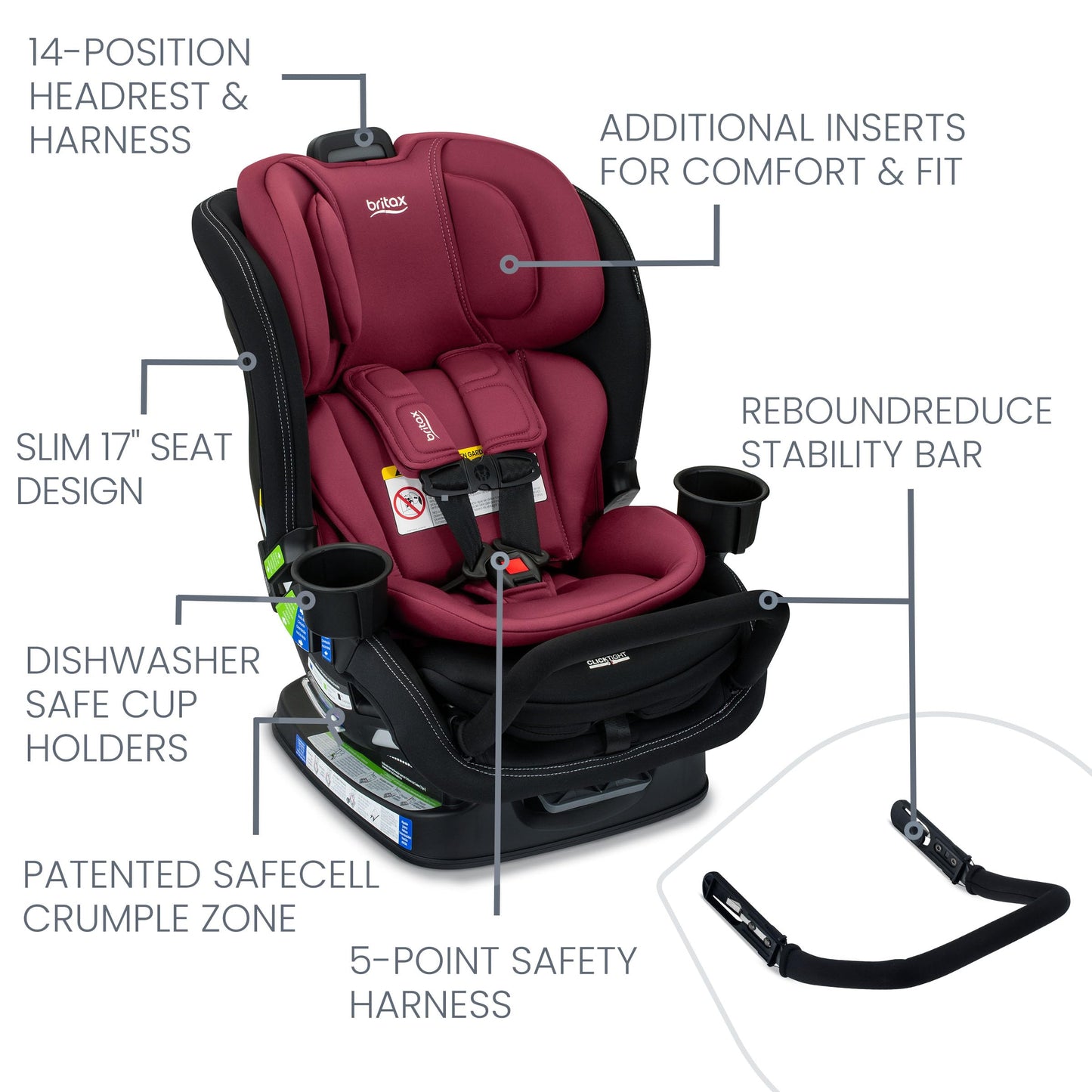 Britax Poplar S Convertible Car Seat, 2-in-1 Car Seat with Slim 17-Inch Design, ClickTight Technology, Arctic Onyx