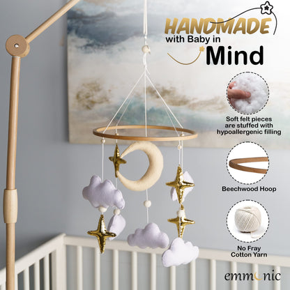 Baby Mobile for Crib - Handmade Modern Boho Baby Mobiles for Bassinet Felt Nursery Mobile Gender Neutral - Gold Moon and Stars - Girl Cribs Decorations