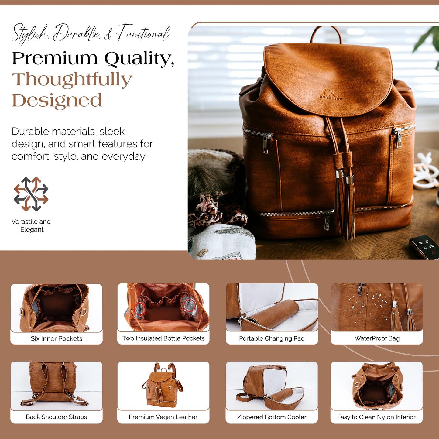 Citi Collective Journey Pearl Vegan Leather Diaper Bag Backpack | Elegant, Multifunctional, Travel Diaper Bag with Changing Pad, Stroller Straps & Insulated Bottle Pockets.