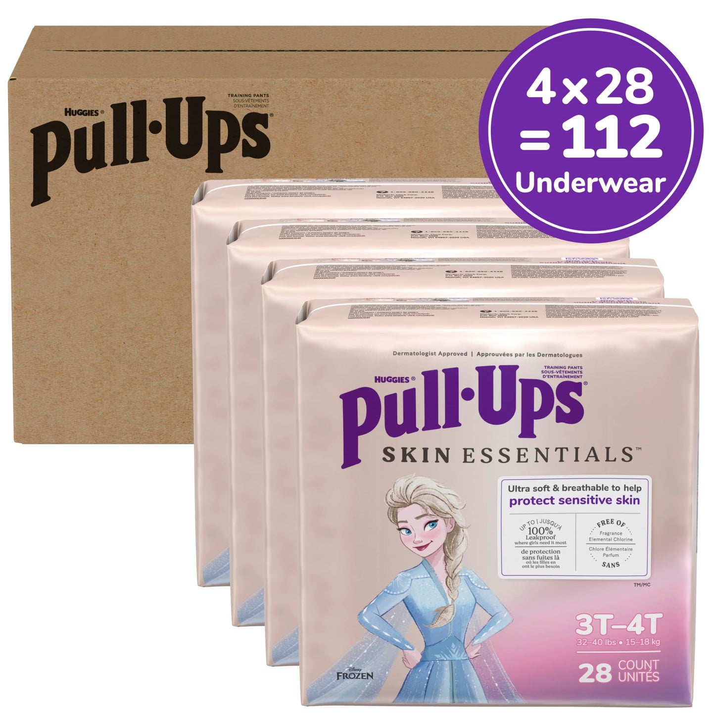 Pull-Ups Girls' Skin Essentials Potty Training Pants, Training Underwear, 2T-3T (16-34 lbs), 124 Ct (4 Packs of 31)