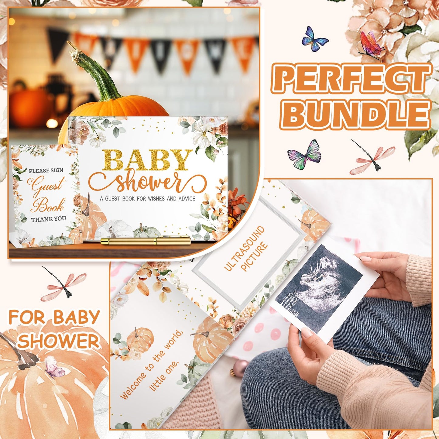 27 Pcs Butterfly Floral Baby Shower Guest Book Set Baby Shower Sign in Guest Floral Book Place Table Cards with Gold Pen Adhesive Photo Corner for Birthday Party