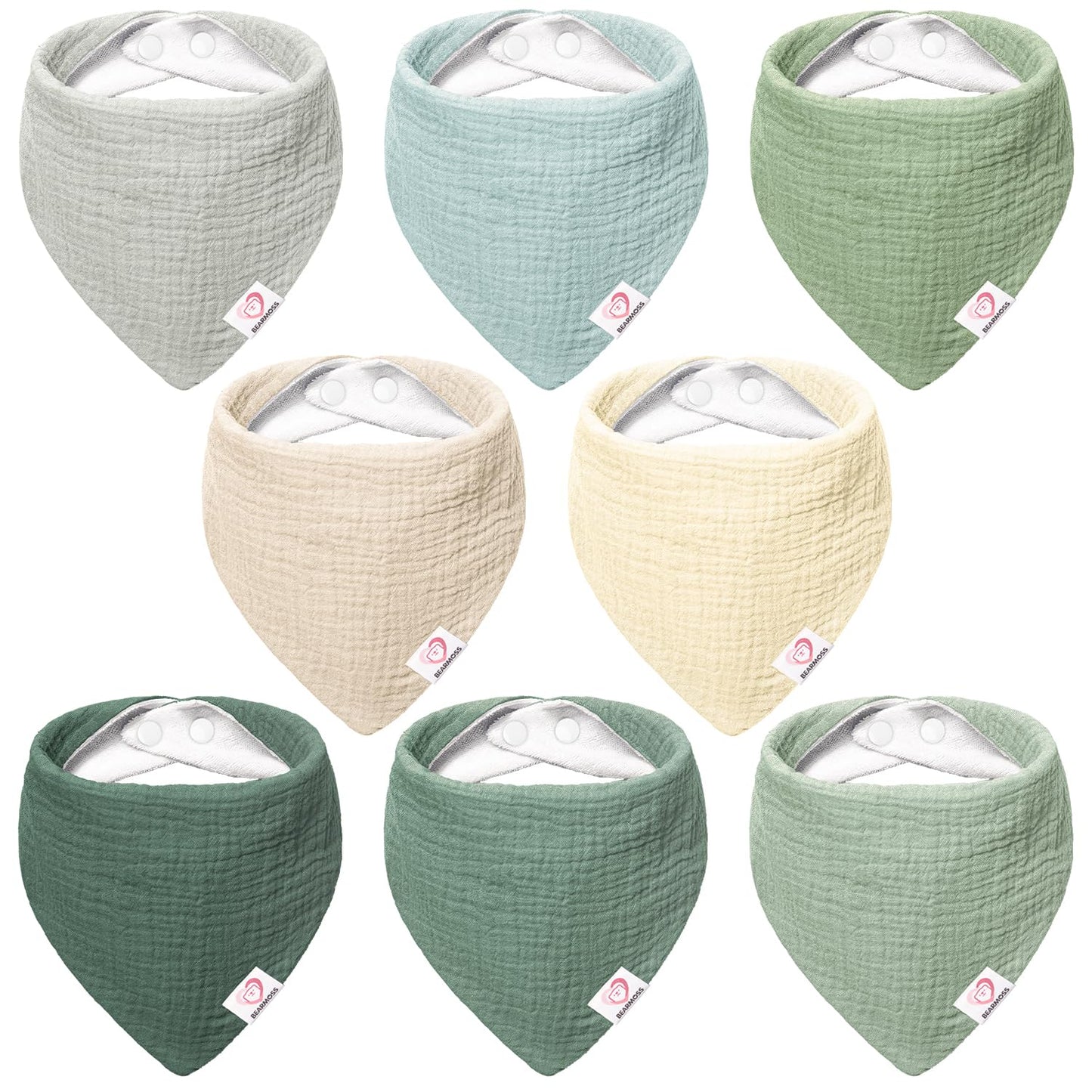 Bearmoss Muslin Baby Bibs 8 Pack Soft Bandana Bibs for Drooling & Teething, Absorbent Burp Cloths with Adjustable Snaps