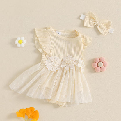 Hnyenmcko Newborn Baby Girl Summer Romper Dress Infant Fly Sleeve Flower Embroidery Mesh Tulle Skirt Hem Ribbed Bodysuit