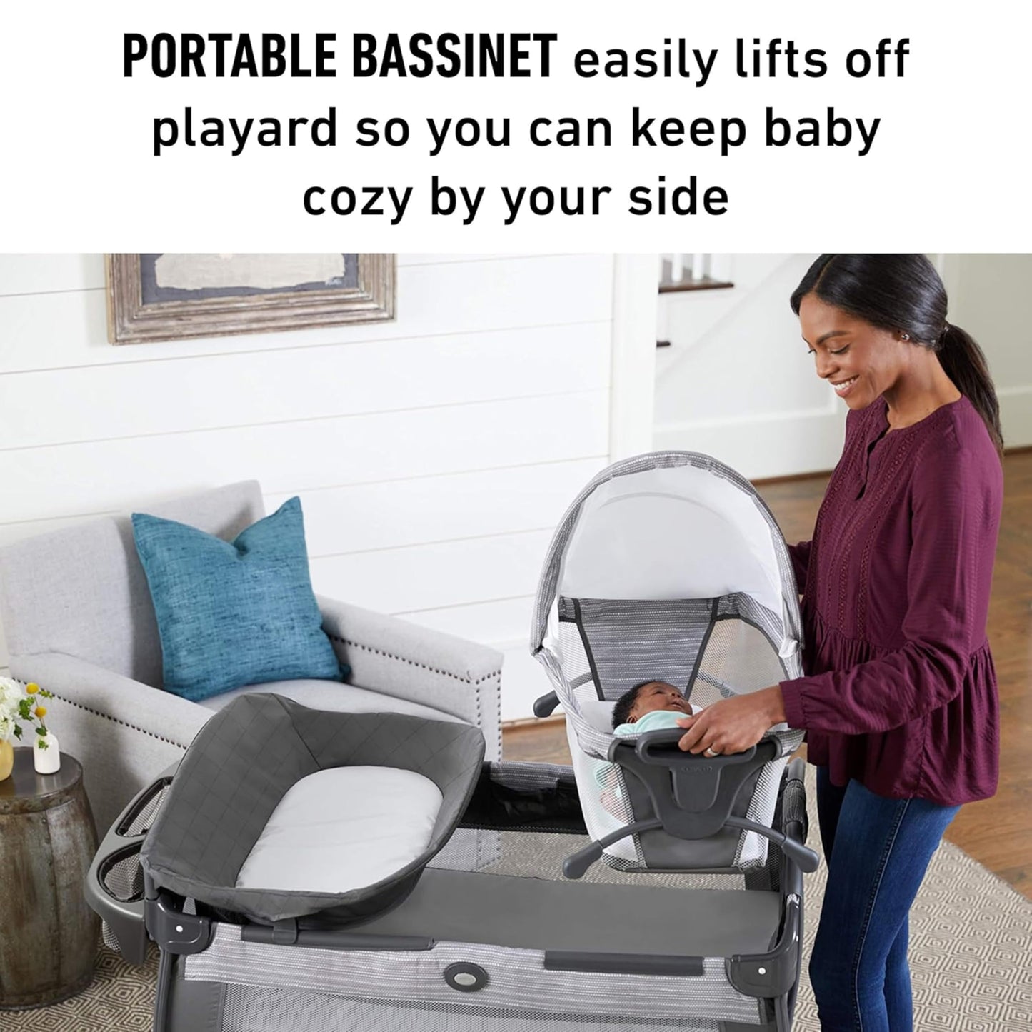 Graco On The Go Zip Pack ‘n Play Playard, Folding Playpen with Bassinet, Portable Crib, Reeves