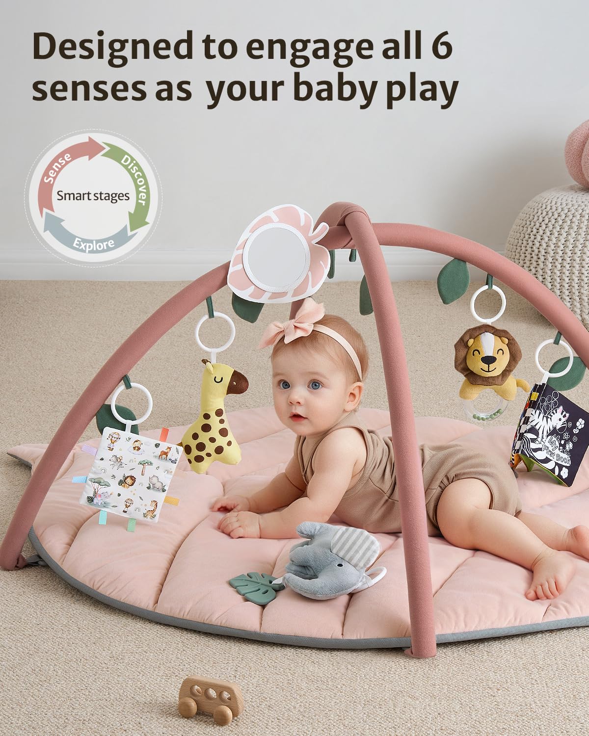 Blissful Diary Baby Play Gym & Activity Mat, Oversize Leaf Shaped Baby Play Mat w 6 Detachable Toys, Tummy Time Mat Promote Motor Skills & Sensory Development Mat, Newborn Infant Baby Essentials Gift