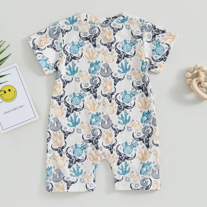 Gueuusu Country Baby Clothes Boy Girl Western Cow Print Short Sleeve Romper Bodysuit Ribbed One Piece Jumpsuit Summer Outfit
