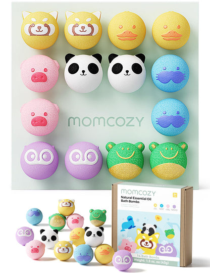 Momcozy Natural&Organic Essential Oil Bath Bombs,14 Pcs Bubble Bath Fizzy Balls with 7 Cute Animal Shapes,Bath Bombs Gift Set for Kids Girls Boys Toddler, Ideal Gift for Children's Day, Bath Bomb Kit