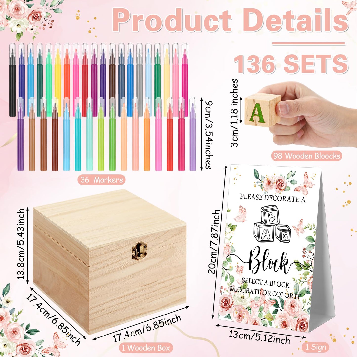 Marsui 136 Pcs Baby Shower Blocks to Decorate Game Kit Includes 98 Wooden Blocks, 36 Markers, 1 Game Sign, 1 Storage Box for Baby Shower Gender Reveal Activity Party Decorations(Pink Elephant)