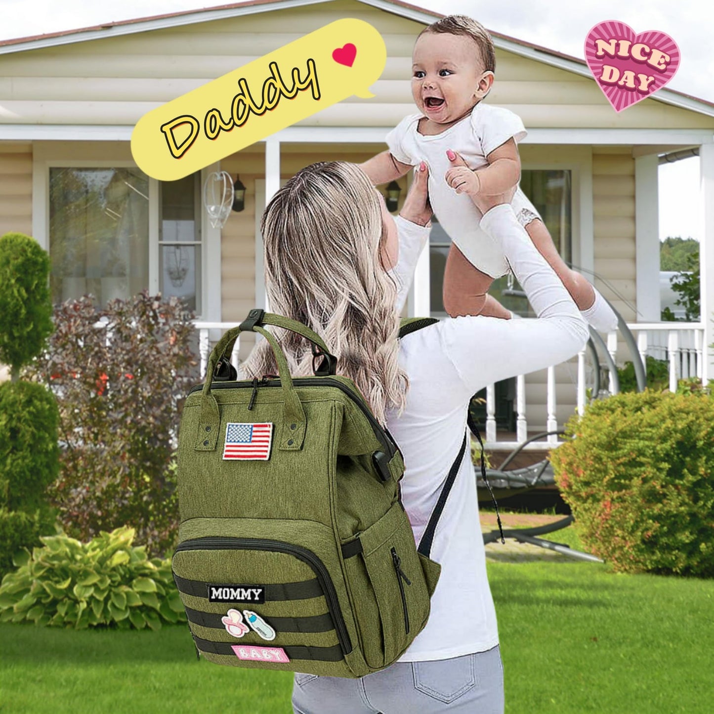 Diaper Bag Backpack for Dad and Mom with USB Charging Port Stroller Straps and Insulated Pocket,army military Travel Nappy Backpack for Daddy/Mommy (Black)