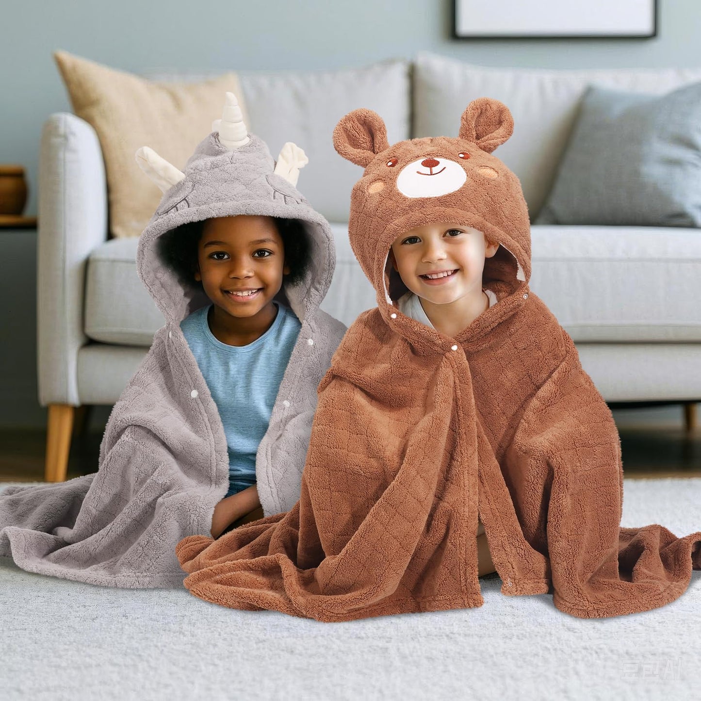 Hooded Baby Towels Boy for 0-6 Years, 50"x 32" Extra Large Toddler Bath Towels with Hood for Boys & Girls, 2-Pack Absorbent Thick Soft Gift for Kids Yellow Lion & Orange Monkey