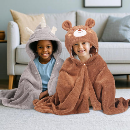 Hooded Baby Towels Boy for 0-6 Years, 50"x 32" Extra Large Toddler Bath Towels with Hood for Boys & Girls, 2-Pack Absorbent Thick Soft Gift for Kids Yellow Lion & Orange Monkey