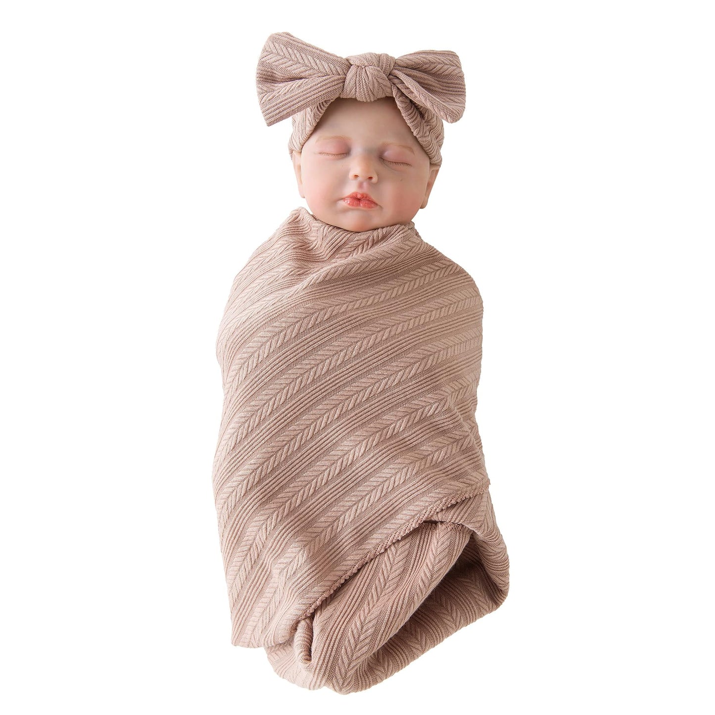 Jastore Baby Infant Swaddle Blankets for Girls 3PCS Newborn Accessories Set with Matching Hat and Bow Headband (Pale Pink, 33"*35")