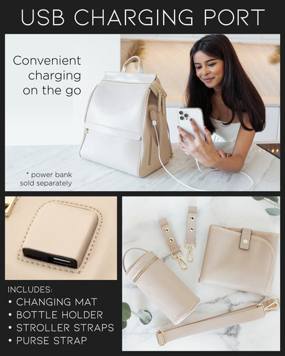 Leather Diaper Bag Backpack with USB Charging port, Changing Pad, Stroller Straps, and Bottle Holder (Brown Olivia)