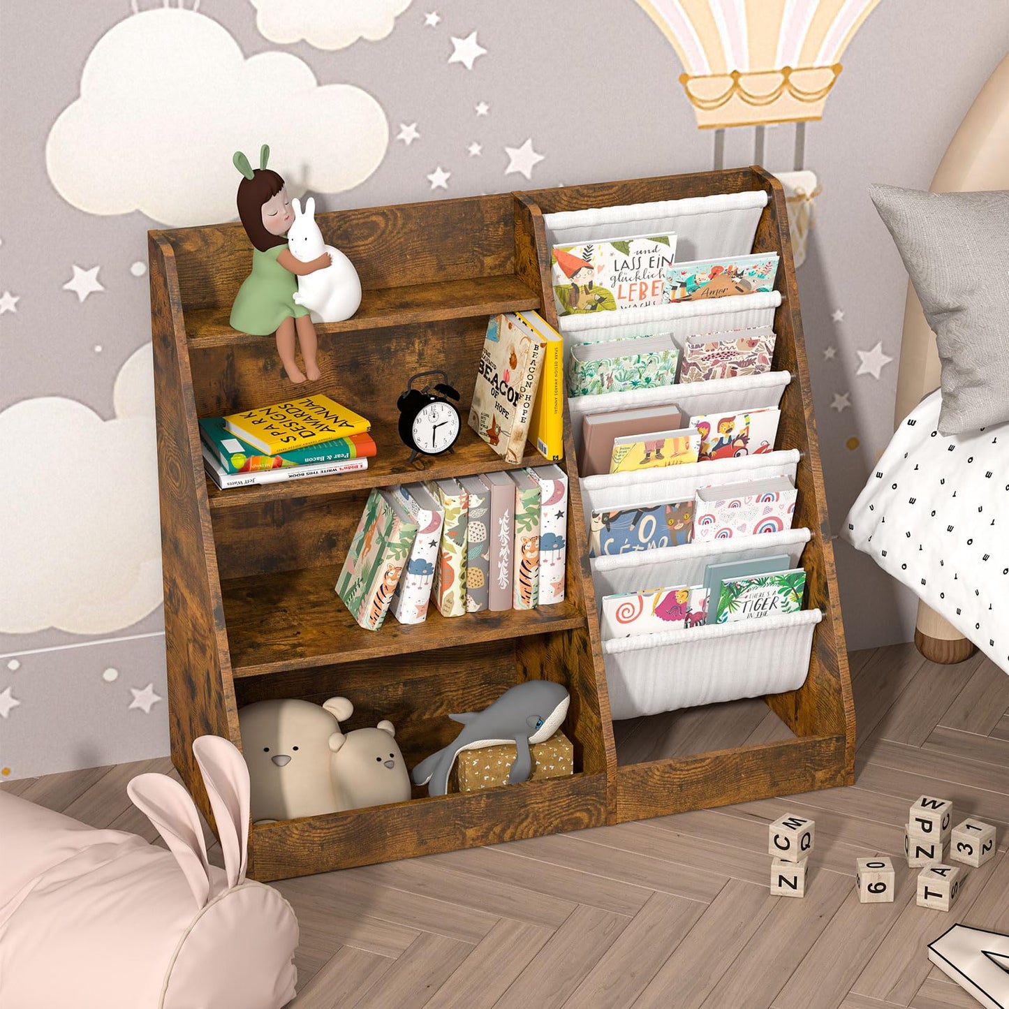 White Kids Bookshelf Wood Toy Storage Organizer Cabinet Children Bookcase Toddler Baby Sling Book Rack 3 Cube Bins Fabric Drawers for Playroom Bedroom Nursery School