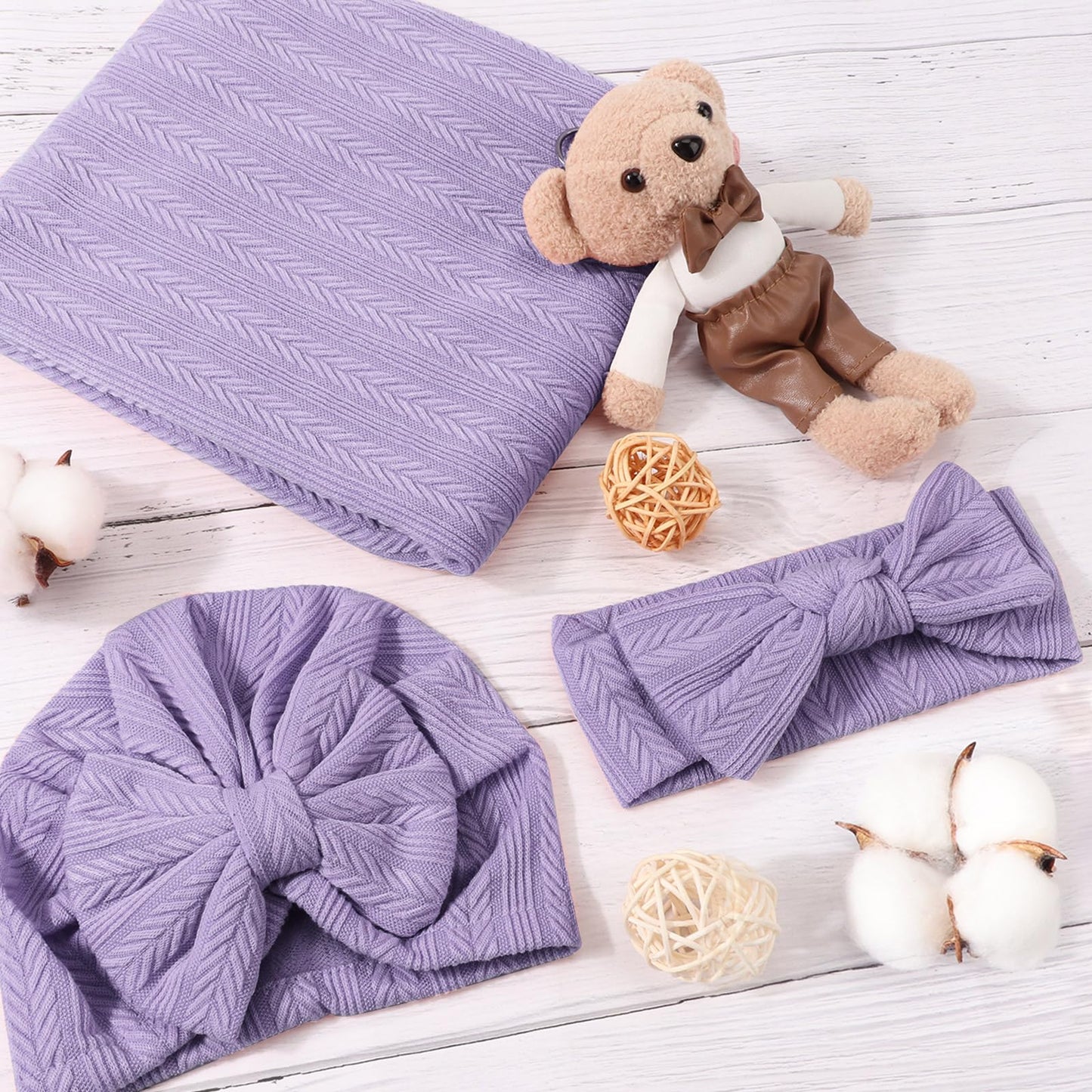DRESHOW BQUBO Baby Swaddle Blankets for Girls, 4PCS Newborn Accessories Set with Matching Hat and Bow Headband with Card