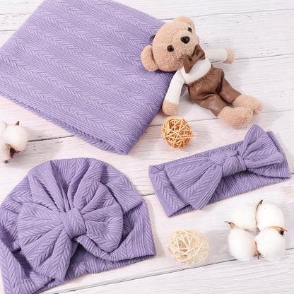 DRESHOW BQUBO Baby Swaddle Blankets for Girls, 4PCS Newborn Accessories Set with Matching Hat and Bow Headband with Card