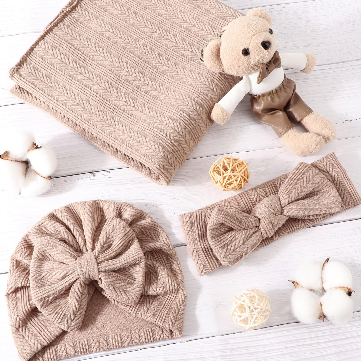 DRESHOW BQUBO Baby Swaddle Blankets for Girls, 4PCS Newborn Accessories Set with Matching Hat and Bow Headband with Card