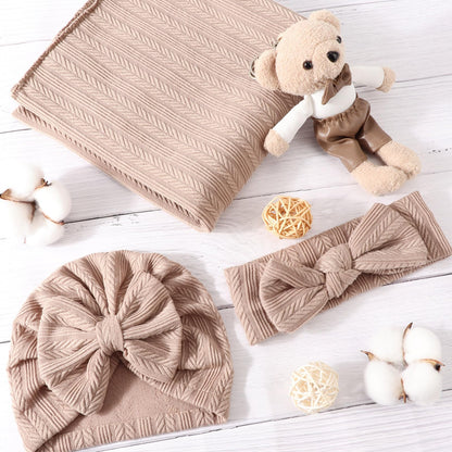 DRESHOW BQUBO Baby Swaddle Blankets for Girls, 4PCS Newborn Accessories Set with Matching Hat and Bow Headband with Card