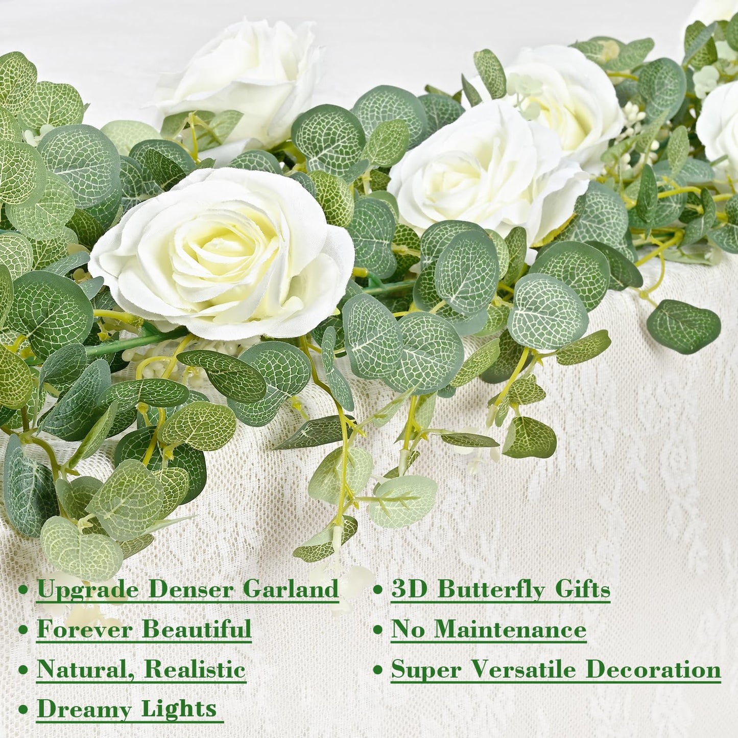 Yastouay 6.4 Ft Fuller Artificial Eucalyptus Garland with Champagne Flowers Fake Rose Vine for Table Centerpiece Wedding Baby Shower Party Room Backdrop Decor