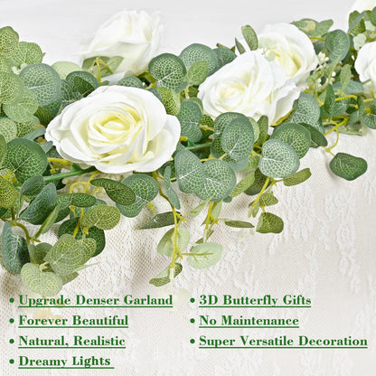 Yastouay 6.4 Ft Fuller Artificial Eucalyptus Garland with Champagne Flowers Fake Rose Vine for Table Centerpiece Wedding Baby Shower Party Room Backdrop Decor