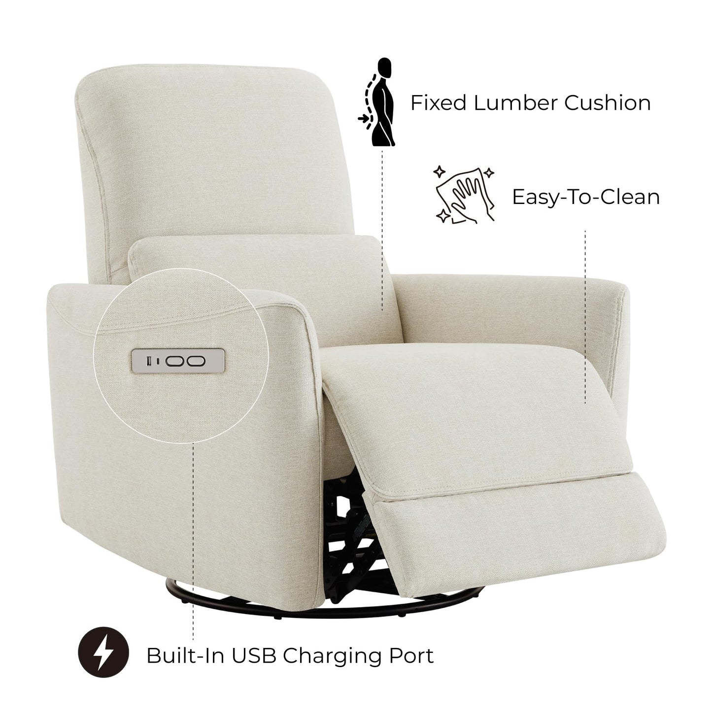 CHITA Power Recliner Chair Swivel Glider, FSC Certified Upholstered Living Room Nursery Reclining Sofa Chair with Lumbar Support, Linen
