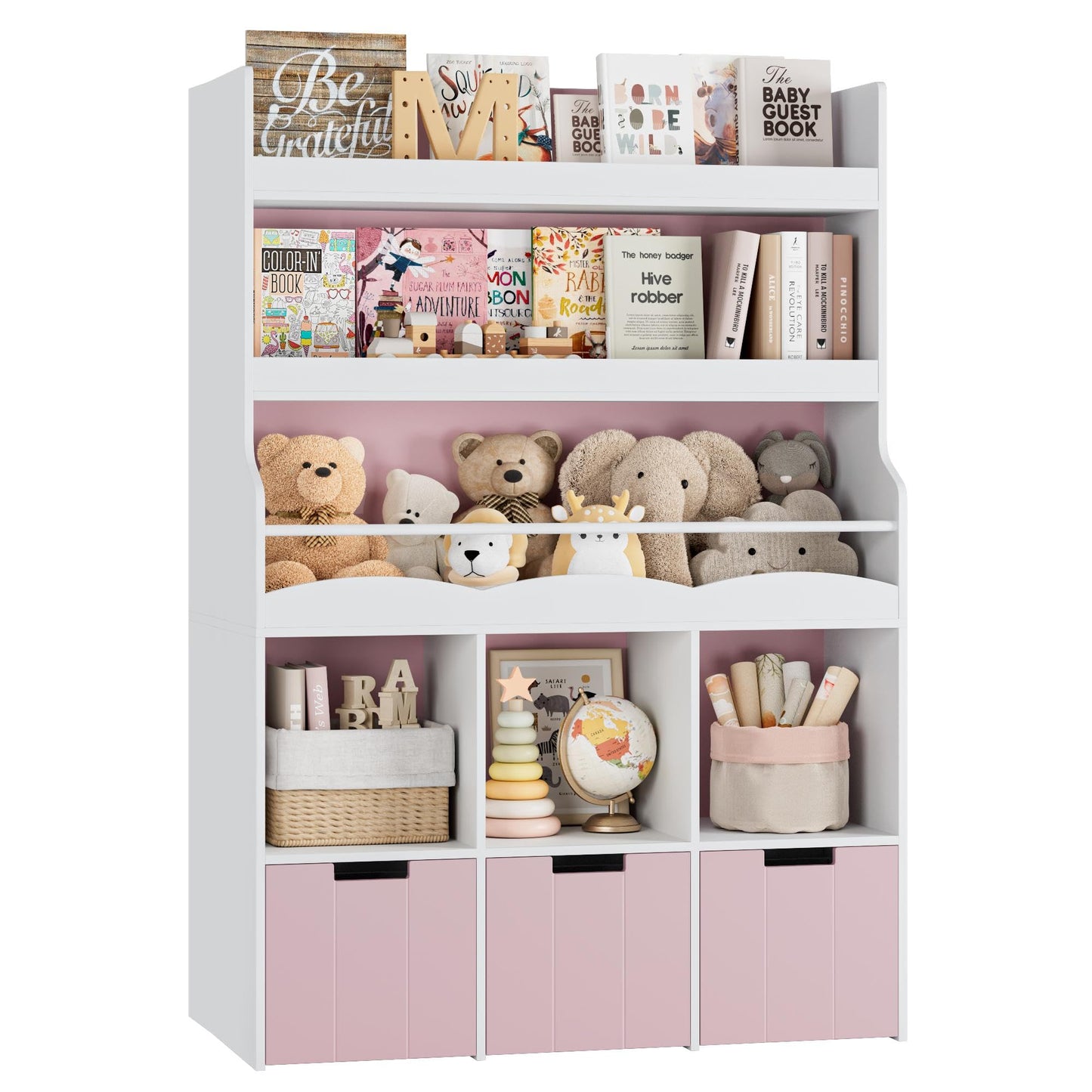 HITHOS 55.3" H Kids Bookshelf with Toy Storage Organizer, Tall Book Shelf with 3 Movable Toy Storage Bins, Large Kids Bookcase with Toy Chest, 39.2" W Modern Toy Box for Kids Room, Playroom, White