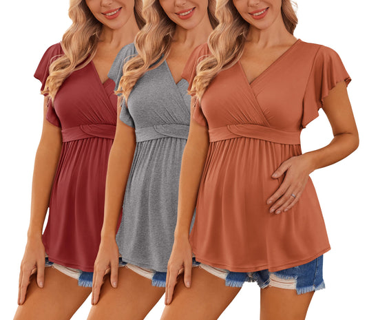 Ekouaer Maternity Shirts 3 Packs Flying Short Sleeve Nursing Tops Pregnancy Clothes