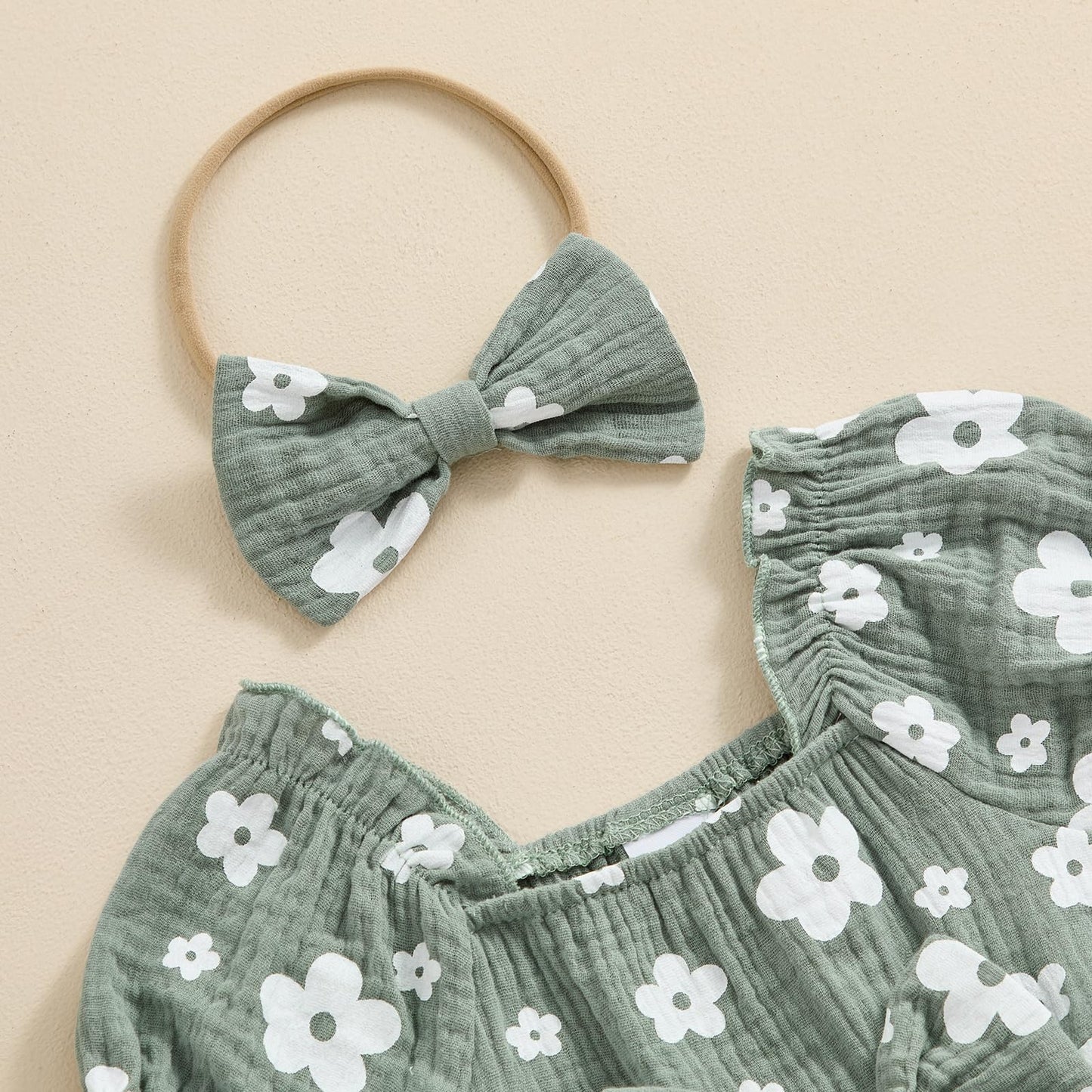 Baby Girls Daisy Romper Bowknot Bodysuit+Headband Short Sleeve Playsuits Floral Jumpsuit Infant Summer Clothes