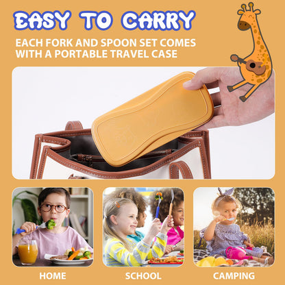 lohodo Toddler Utensils Kids Spoon and Fork Set 18/8 Stainless Steel Silverware BPA Free Pink & Purple Cute Giraffe Child Flatware with Travel Case for Age 3+