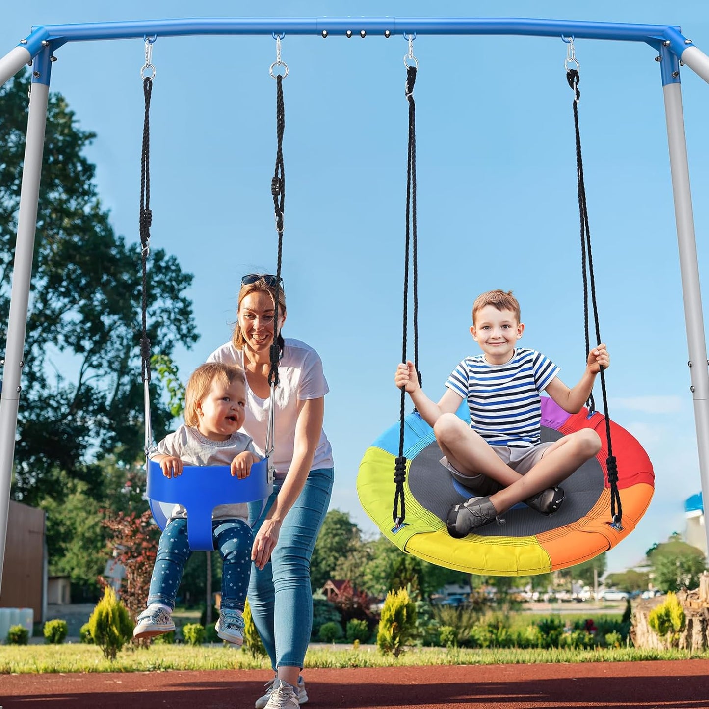 Trekassy Swing Sets for Backyard, 440lbs Heavy Duty A-Frame Metal Swing Stand with 1 Saucer Swing and 1 Toddler Swing, Outdoor Kids Play Equipment for Playground, Playset
