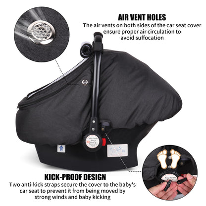 Rquite Car Seat Cover Baby, Carseat Covers Boy Girl, 2 Layers Window -Breathable Mesh & Wind/Sun Shade, Infant Car Seat Canopy Baby Carrier/Stroller Cover, Fit Spring, Fall, Winter, Cold Weather