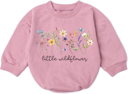 Wildflower Baby Girl Romper - First Birthday Outfit Flower Newborn Bubble Toddler Infant Long Sleeve One-piece Gifts