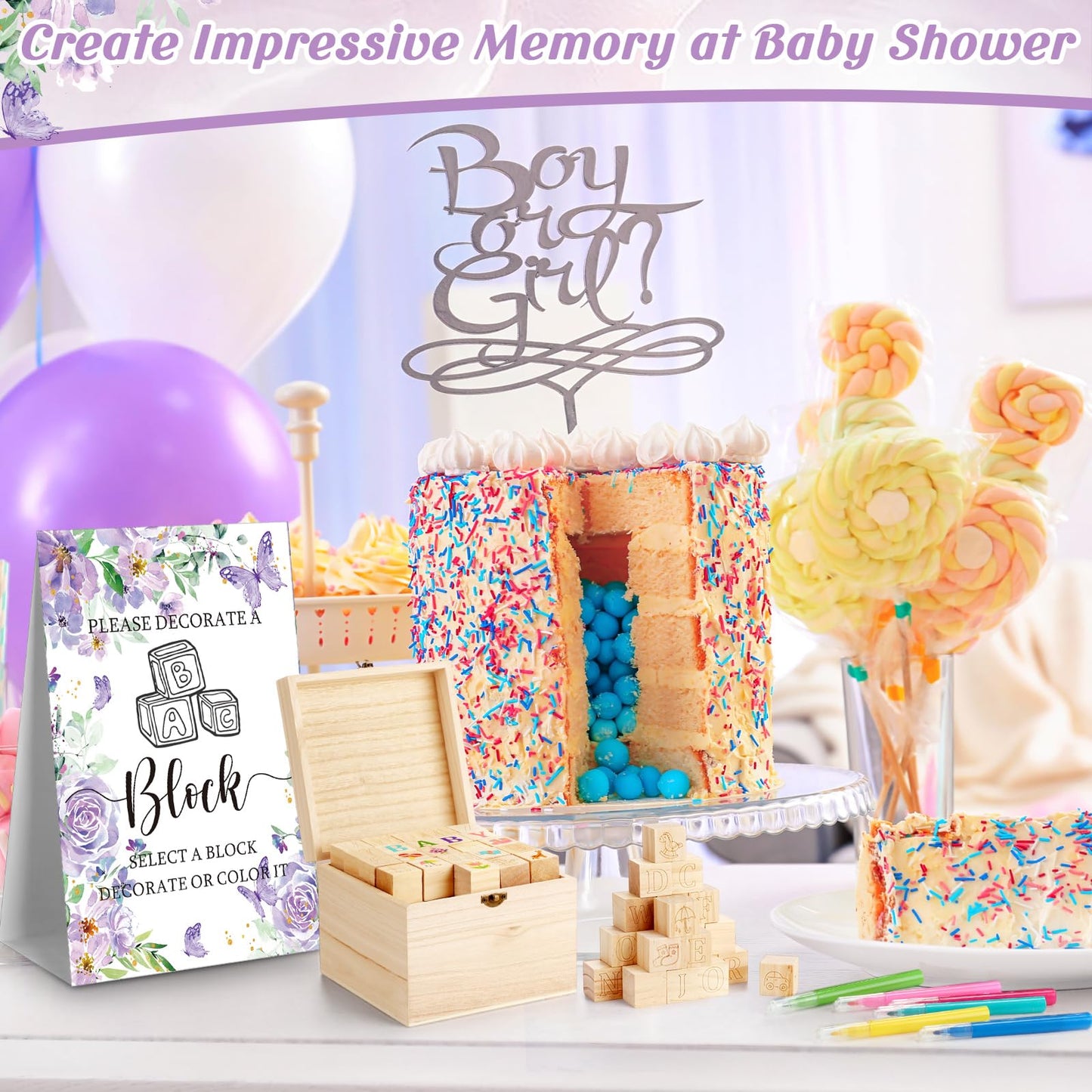 Marsui 136 Pcs Baby Shower Blocks to Decorate Game Kit Includes 98 Wooden Blocks, 36 Markers, 1 Game Sign, 1 Storage Box for Baby Shower Gender Reveal Activity Party Decorations(Pink Elephant)