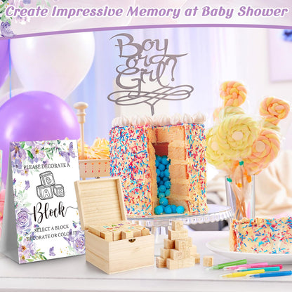 Marsui 136 Pcs Baby Shower Blocks to Decorate Game Kit Includes 98 Wooden Blocks, 36 Markers, 1 Game Sign, 1 Storage Box for Baby Shower Gender Reveal Activity Party Decorations(Pink Elephant)