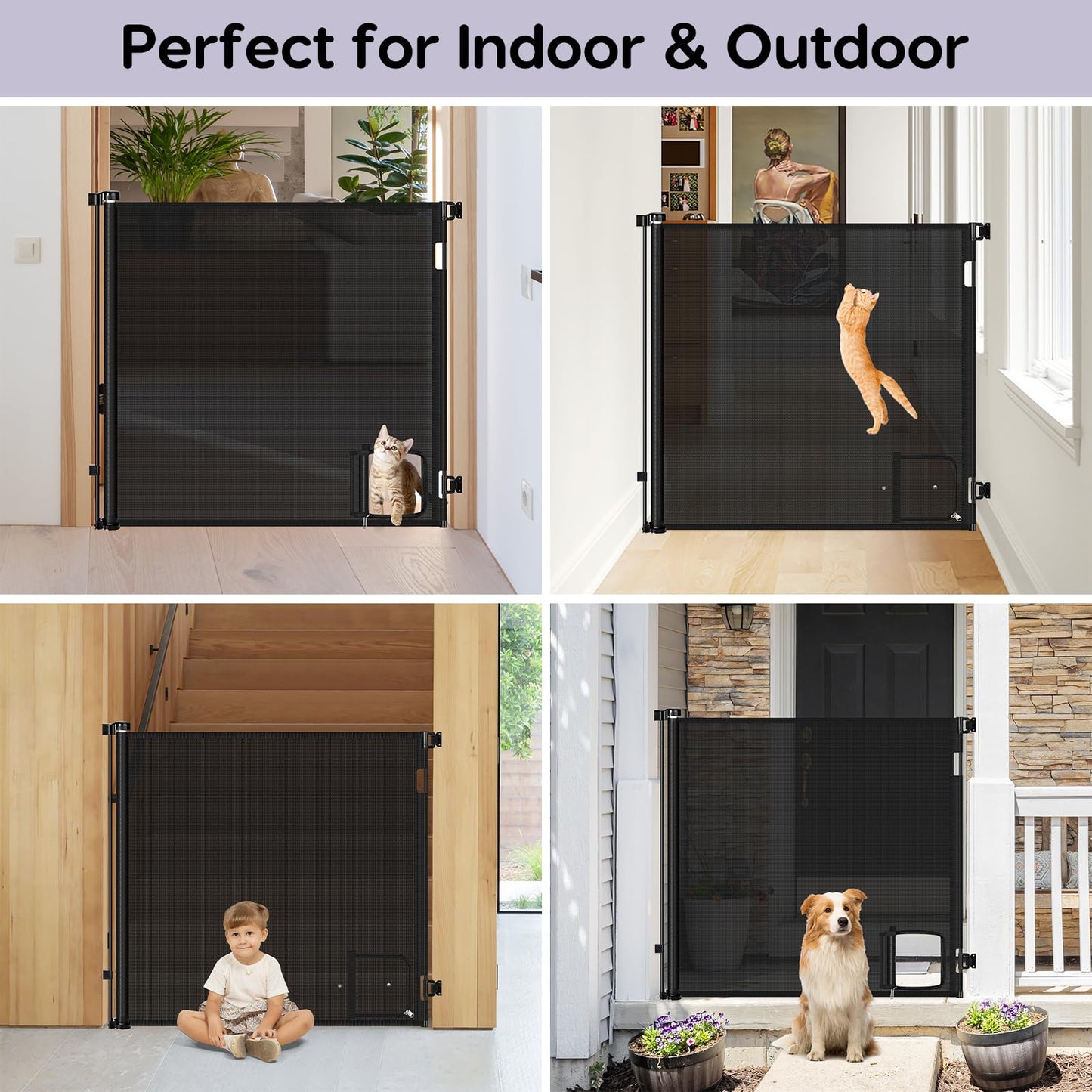 48 Inch Extra Tall Pet Gate Retractable Baby Gate with Cat Door - No Jumping Over, 55" Wide Retractable Dog Gate Indoor 4ft Extra Tall Cat Gate for Doorway Outdoor Deck Gate, White