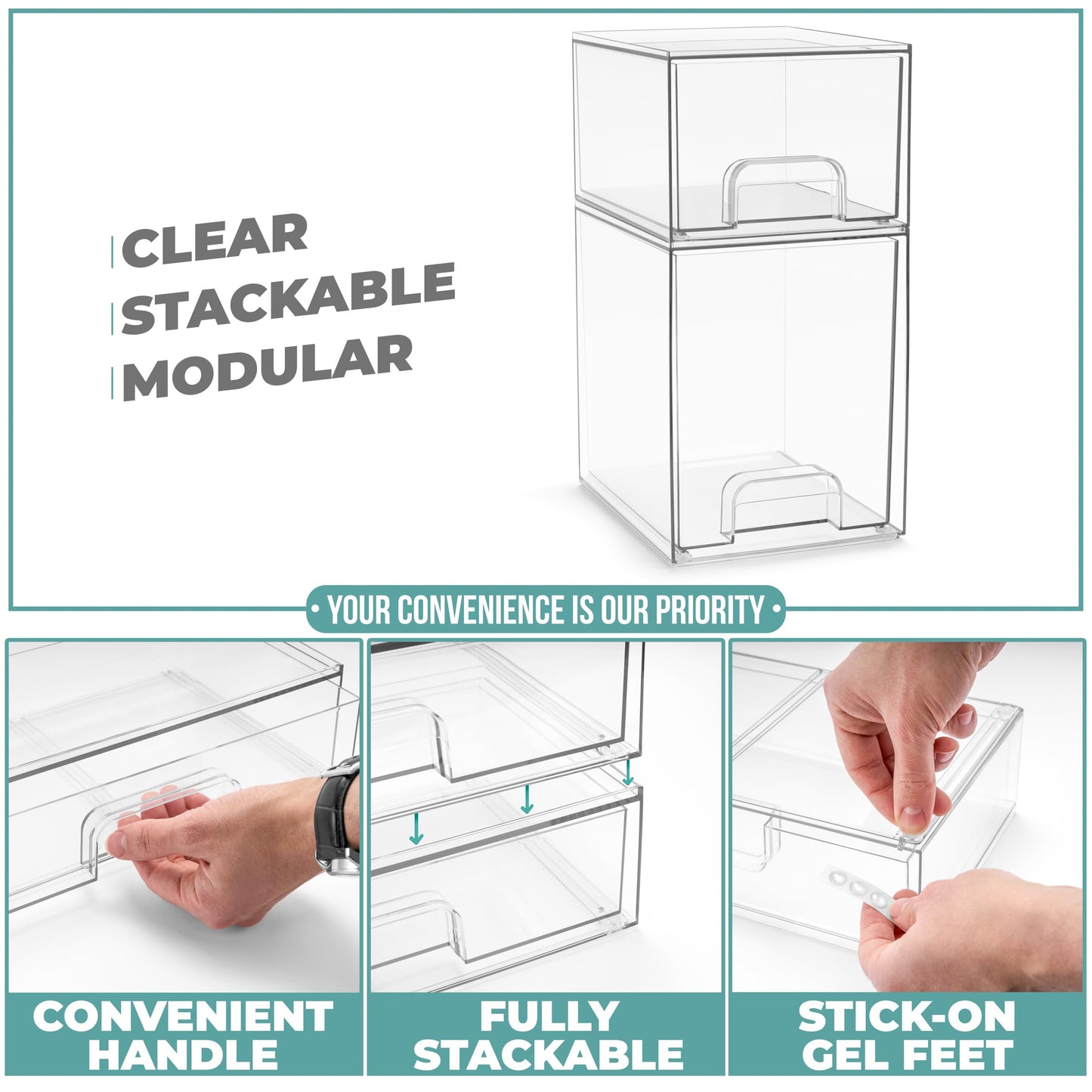 Sorbus Acrylic Storage Containers - 2 Pack, Stackable Storage Bins Set for Bathroom Organization - Clear Acrylic Drawer Organizers - Makeup Case Pull-Out Drawers (7.6’’ and 4.4’’ Tall)