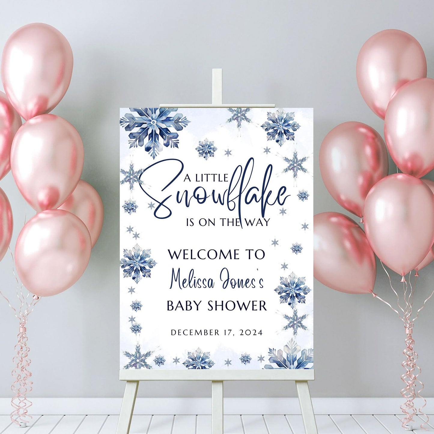 Personalized A Little Snowflake Is On The Way Welcome Sign, Pink, Girl, Winter Baby Shower Canvas
