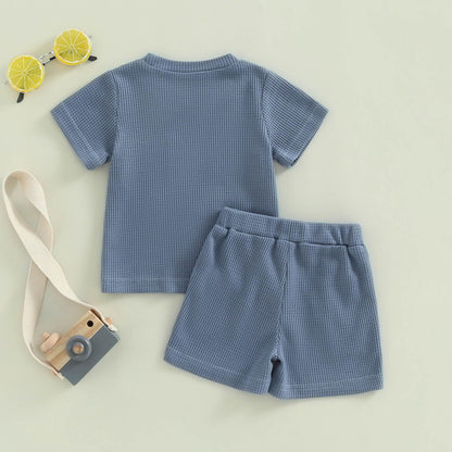 Toddler Baby Boy Summer Clothes Embroidered Waffle Short Sleeve T-Shirts Elastic Shorts Newborn Infant Boy Outfits