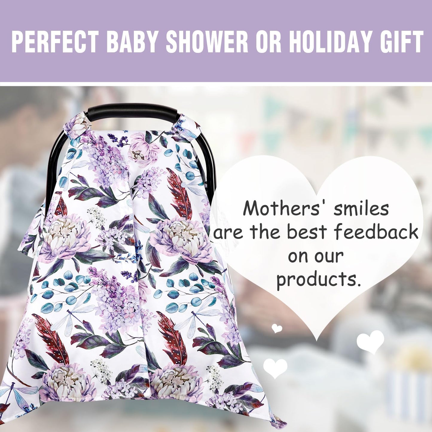 Car Seat Cover Baby, Infant Car Seat Canopy Covers for Newborn Girls Boys, Soft Breathable Mink Carseat Covers Stretchy Multi-Use Nursing Cover for Stroller Baby Car Seat, Purple Flroal
