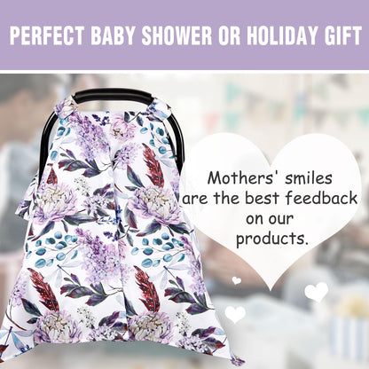 Car Seat Cover Baby, Infant Car Seat Canopy Covers for Newborn Girls Boys, Soft Breathable Mink Carseat Covers Stretchy Multi-Use Nursing Cover for Stroller Baby Car Seat, Purple Flroal