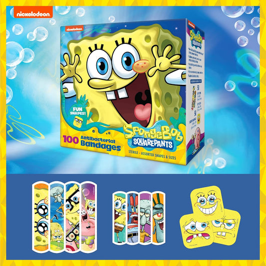 Spongebob Kids Bandages, 100 ct | Wear Like Stickers, Adhesive Bandages for Minor Cuts, Scrapes, Burns. Easter Basket Stuffers for Kids & Toddlers