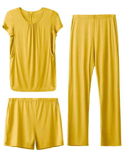 SUNNYBUY Womens Maternity Nursing Pajamas Set, Short Sleeve Breastfeeding Shirts，Pregnancy Shorts & Pants 3 Piece Nursing PJS