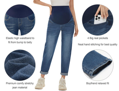 POSHGLAM Women's Maternity Jeans Over Belly Comfy Stretch Boyfriend Jeans Loose Pregnancy Pants, S-XXL