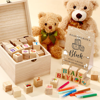 Marsui 136 Pcs Baby Shower Blocks to Decorate Game Kit Includes 98 Wooden Blocks, 36 Markers, 1 Game Sign, 1 Storage Box for Baby Shower Gender Reveal Activity Party Decorations(Pink Elephant)