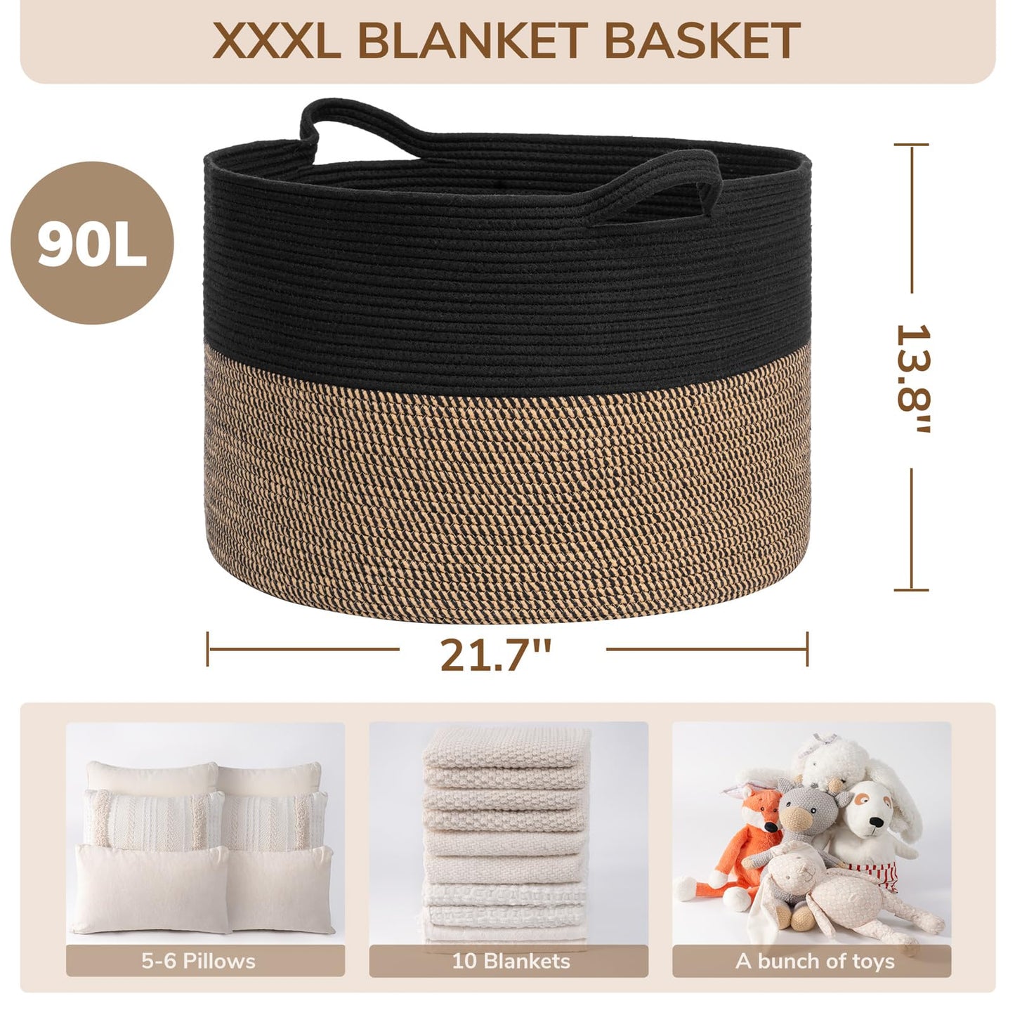 INDRESSME XXXLarge Cotton Rope Basket 21.7" x 21.7" x 13.8" Woven Baby Laundry Blanket Basket Toy Baskets with Handle Storage Comforter Cushions Thread Laundry Hamper