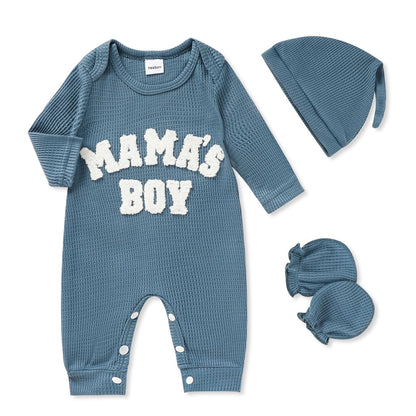 GRNSHTS Newborn Baby Boy Romper Coming Home Outfits Letter Print Bodysuit Jumpsuit+Hat+Gloves 3PCS Clothes Set